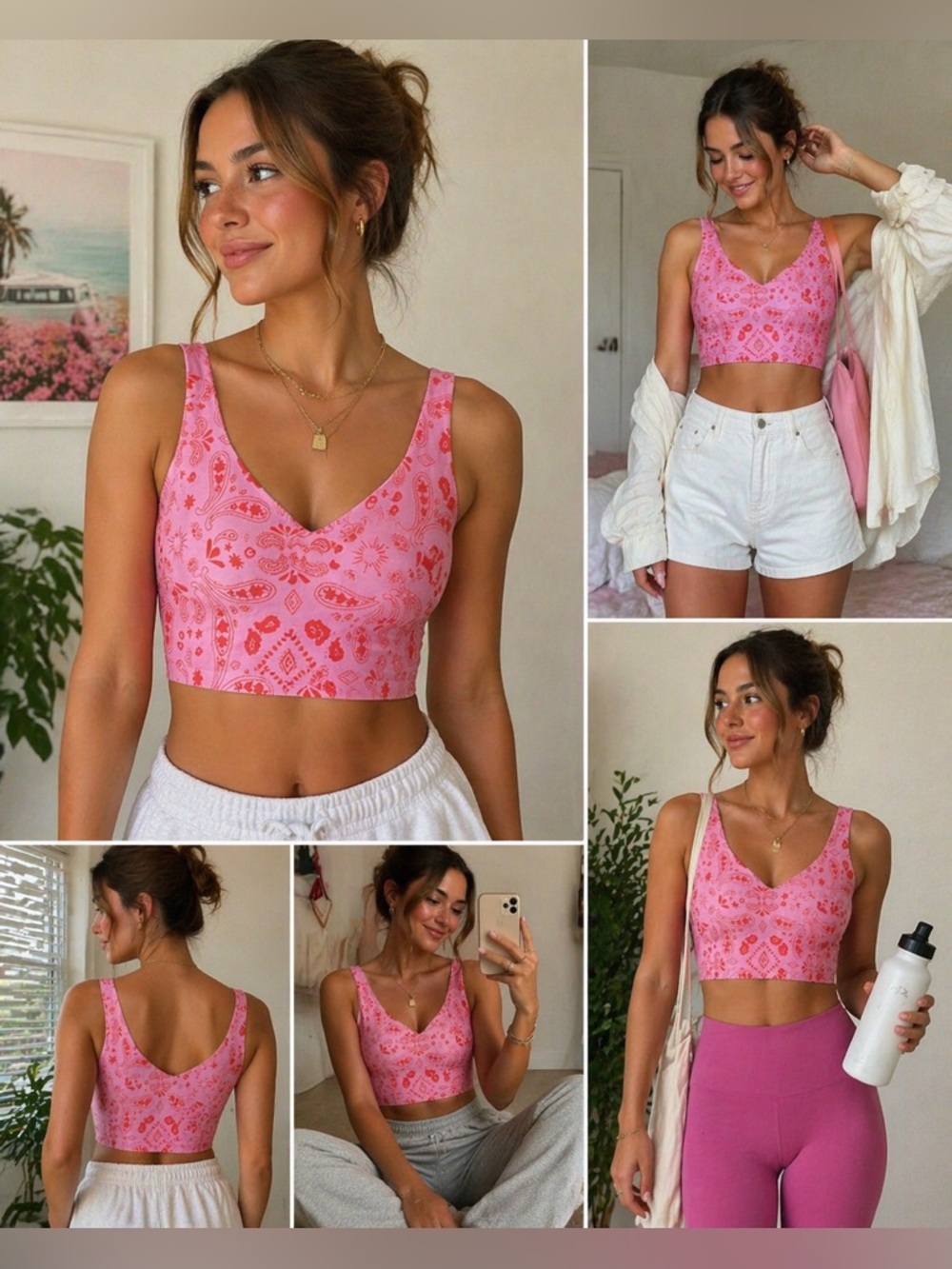 Offline by Arie Pink Crop Tank with Orange Paisley Print L